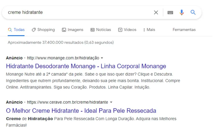 Resultados da Pesquisa Google com anúncios de rede de pesquisa