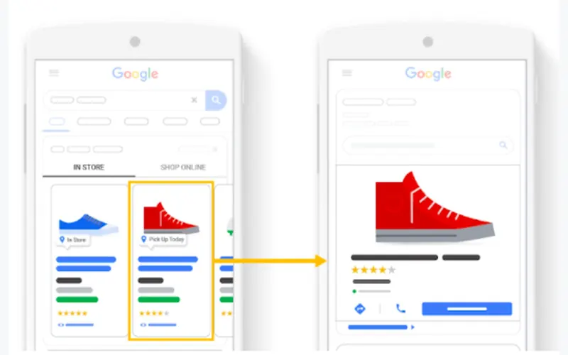 Celulares com a busca local do Google, mostrando loja física e retirada no local