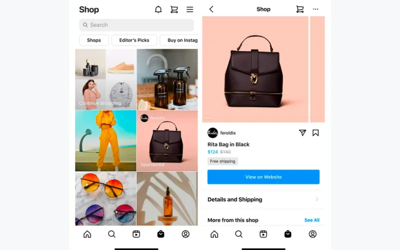 Tela do Instagram Shop com anúncio patrocinado e vitrine de produtos
