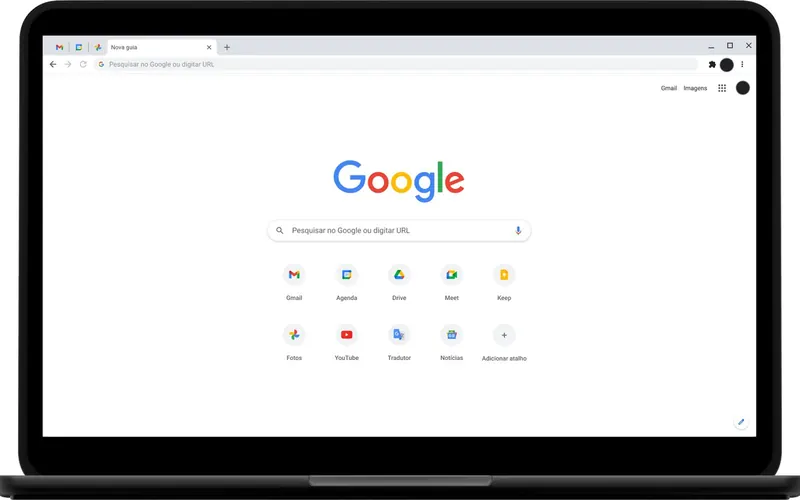Notebook aberto na página inicial da Pesquisa Google